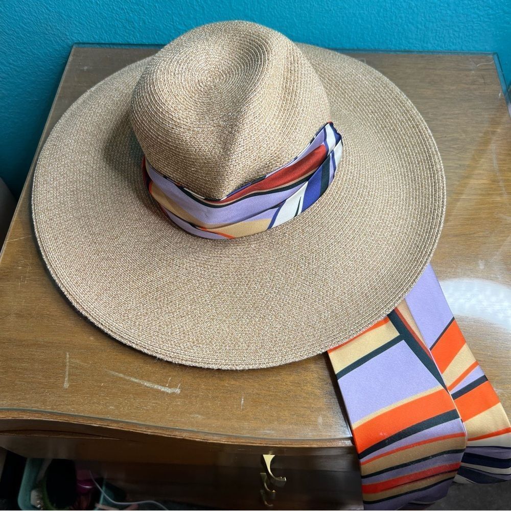 Eugenia Kim Straw Sun Hat with Multicolor Silk Scarf Tie - Picture 2 of 5